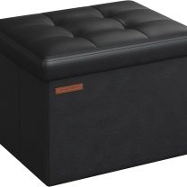 SONGMICS Small Folding Storage Ottoman, Foot Rest Stool, Cube Footrest, Synthetic Leather, 12.2 x 16.1 x 12.2 Inches, 286 lb Capacity, for Living Room, Bedroom, Dorm, Ink Black ULSF100B01